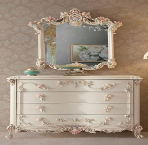 Hand-carved rustic wooden three-drawer chest with detailed floral motifs cansole <b>table</b>, available at wholesale prices. - Product Image 3