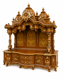 Mandir de Pooja de Madera de Gran Tamaño con Acabado Dorado Antiguo, Templo de Pooja Tradicional de Madera de Teca Tallada a Mano con Santuario Interior, EE. UU. - Product Image 2