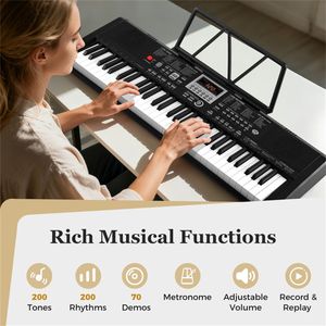Pianoforte Digitale a 61 Tasti per Principianti, Nero, Stile Martello con Modalità di Insegnamento Illuminata, 200 Ritmi, Funzione Doppia Tastiera - Product Image 3