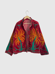 Veste en lin brodée de fleurs, col montant, manches longues, style Prairie Chic, vêtements de printemps pour femmes - Product Image 1