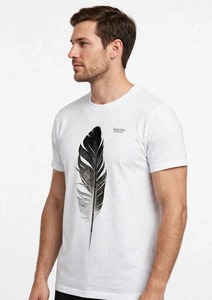 ONETEN APPAREL T-shirt blanc à manches courtes pour homme, coupe classique, col rond, avec imprimé plumes noires - Product Image 6