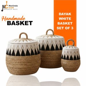 Ensemble de 3 paniers blancs DAYAK en écorce de bananier et jonc de mer, artisanat - Product Image 1