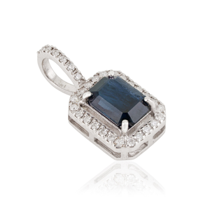 OEM ODM Prong Set 7x5 mm Octagon Cut Blue Sapphire & Diamond Halo <b>Pendant</b> <b>Solid</b> 14K White <b>Gold</b> Mother's Day Gift Fine Jewelry - Product Image 3