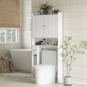 Modern 2-Door Over Toilet <b>Storage</b> <b>Cabinet</b> with <b>White</b> PVC Above Commode <b>Storage</b> Integrated Toilet Paper Holder for Hospital Use - Product Image 2