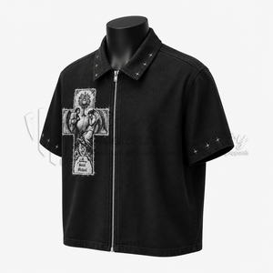 เสื้อเชิ้ตแขนสั้นสีดำสำหรับผู้ชาย ซิปหน้า คอปก ผ้าทวิล สไตล์สตรีท ยับยาก ใส่ได้ในฤดูร้อน - Product Image 3