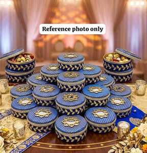 Decorative Blue Brocade Steel <b>Mithai</b> <b>Box</b> Candy Container Diwali Wedding Ramadan Birthday Party Favors Dry Fruit Gift Packaging - Product Image 1