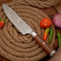 Professioneel handgesmeed ambidextrisch koksmes van damaststaal, 8 inch lemmet, rosahouten handvat, hoogglans afwerking, ultra scherp