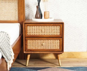 Modern Wood Nightstand With Rattan Weave Drawers 2 Drawer Bedroom Furniture Midcentury Design <b>Storage</b> <b>Side</b> <b>Table</b> - Product Image 2