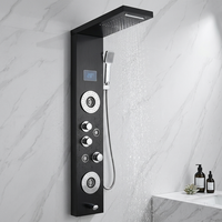 Colonne de douche murale moderne noir mat en acier inoxydable avec affichage LED de la température, pommeau de douche pluie, jets latéraux, douchette à main et bec de baignoire