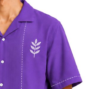 เสื้อเชิ้ตคิวบาคอปกสีม่วง แขนสั้น ลายปักใบไม้สีขาว ผ้าฝ้ายลินิน ติดกระดุม ลำลอง แฟชั่นชายหาดฤดูร้อน - Product Image 4