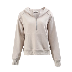 Sudadera con capucha de media cremallera para mujer, 100% algodón, color liso, corte holgado, forro cálido, elegante y cómoda para el día a día en otoño e invierno. - Product Image 1