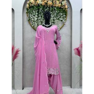 Conjunto de Traje de Fiesta XL en Tela Chifón con Espejo Real y Adornos de Moti, con Hilo para un Look Elegante - Product Image 2