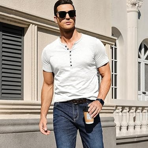 T-shirt décontracté pour hommes, col Henley, coupe classique, manches courtes, en mélange de coton lavé 200 grammes, couleur unie, avec boutons et col en V, vente en gros - Product Image 3