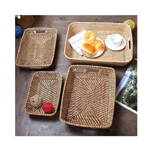 Plateau de service rond en rotin naturel écologique, best-seller, avec poignées, panier en osier tressé, plateau peu profond pour servir des fruits et des aliments - Product Image 1