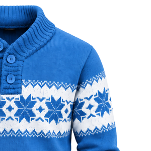 <b>Mens</b> Blue Fair Isle 100% Cotton Sweater Shawl Front Breathable <b>Long</b> <b>Sleeve</b> Geometric Pattern Knitted Pullover Winter Wholesale - Product Image 3
