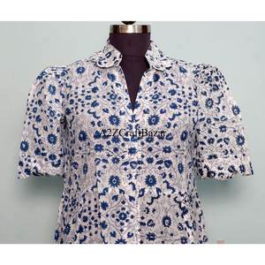 Vestido indio hecho a mano para mujer, de algodón ecológico, lavable, largo hasta el tobillo, estilo vintage, manga corta, estampado floral a mano. - Product Image 2