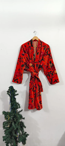 Kimono largo de algodón hecho a mano con estampado de bloques, cuello en V, manga larga, de secado rápido, ligero, para primavera/verano, ideal para la playa o como vestido de dama de honor. - Product Image 4