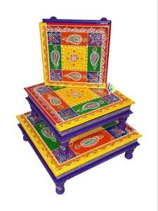 Ensemble de chowkis en bois artisanaux du Rajasthan avec peinture Meenakari vibrante, accent spirituel pour les temples domestiques - Product Image 2