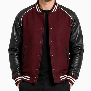 Veste universitaire pour homme de couleur marron avec manches en cuir PU noir, fermeture à boutons, vêtement décontracté, coupe classique, col rabattu, couleur unie - Product Image 1
