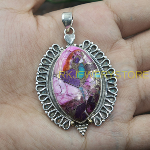 <b>Pink</b> Copper Turquoise Pendant 925 Sterling Silver Handmade Oval Boho Statement Jewelry Vintage Ethnic Designer Gift for Unisex - Product Image 5
