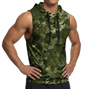 Débardeur à capuche sans manches pour homme, imprimé camouflage, avec logo personnalisé, extensible, élégant, pour le fitness et décontracté, vente en gros - Product Image 2