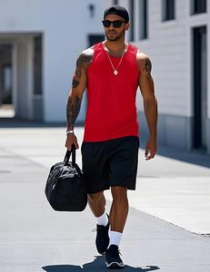 Men's <b>Red</b> Sleeveless Tank <b>Top</b> O-Neck Knitted Solid Color Quick Dry Casual Muscle <b>Vest</b> - Product Image 2