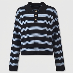 Black and Blue Striped Long-<b>Sleeve</b> Knit Polo Shirt - Product Image 1