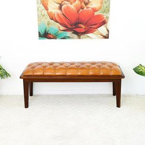 Banc d'entrée/chambre moderne en cuir marron et bois de teck de 49 pouces, banc rembourré en bois pour couloir, disponible en gros - Product Image 4