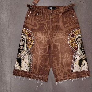 Pantalones Cortos Bermuda para Hombre, Estilo Patchwork, Bordados a Mano, de Lona, Estilo Urbano, Cintura Media, Cierre de Botones, Transpirables, de Algodón - Product Image 1