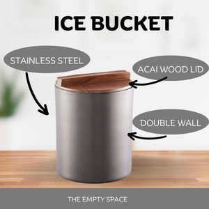 Seau à glace moderne en métal graphite, rempli de glaçons, avec couvercle amovible en bois clair et poignée intégrée, idéal pour les fêtes - Product Image 3