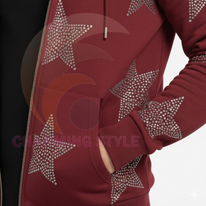 Sudadera con capucha para hombre 100% algodón con cremallera, logo bordado, estampado de diamantes de imitación negros, talla grande - Product Image 5