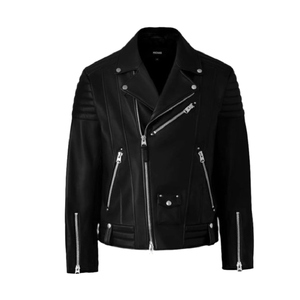Chaqueta de Motociclista de Cuero 100% Negra para Hombre, Cierre de Cremallera, Diseño Ajustado, Patrón Sólido, Moda Urbana, Servicio OEM - Product Image 1