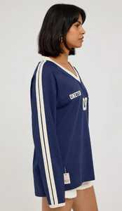 Oneten Women Navy Blue <b>V</b> <b>Neck</b> <b>Long</b> <b>Sleeve</b> Drop Shoulder Jersey <b>Top</b> With Number 08 - Product Image 4