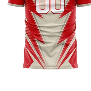 Maillot de football personnalisable rouge et blanc sublimé, col rond unisexe, manches courtes, évacuation de l'humidité, 100% polyester, impression du nom de l'équipe - Product Image 6