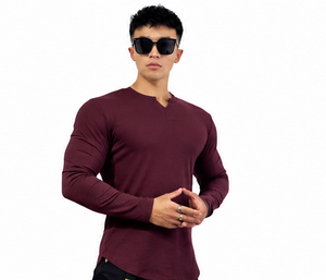 Camiseta de Punto de Manga Larga con Cuello en V para Hombre, Color Sólido, Corte Regular Informal, Transpirable, 100% Algodón, Diseño Liso con Logotipo Frontal - Product Image 2