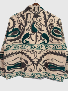 Blouson en coton tissé pour femme, brodé à la main, col mandarin floral, manches longues, grande taille, vêtement d'automne - Product Image 5