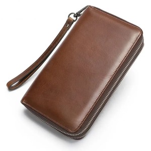 Genuine Leather Men's Clutch <b>Wallet</b> Zipper Closure Vintage Style <b>Long</b> <b>Wallet</b> Daily Use Durable Brown Rivet Polyester Lining - Product Image 3