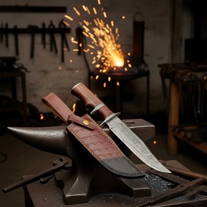 Cuchillo Bowie de Acero de Damasco con Punta Curva, Hecho a Mano, de Grado Industrial, Modelo FS-07 de Edge Master Manufacture, con Mango de Madera y Funda de Cuero - Product Image 6