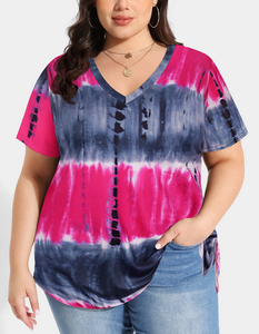 OEM Made Women's Plus Size Oversized V-Neck T-Shirts Summer Tie Dye Printed Casual Tops Loose Fit Summer Tee 180 GSM 100% Cotton - Product Image 2