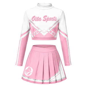 Pink <b>White</b> Sublimated Cheer <b>Long</b> Sleeve Uniform Set Pleated <b>Skirt</b> Athletic Team Sportswear Training Practice Performance Custom - Product Image 2