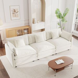 Divano a 3 Posti in Ciniglia Bianca Stile Mid-Century Moderno per Soggiorno con 2 Braccioli e 3 Cuscini Decorativi - Product Image 2