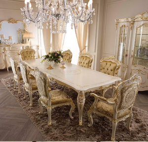 Elegant 8-seater European dining <b>table</b> with rich <b>brown</b> polished finish, ornate patterned upholstered chairs, at wholesales. - Product Image 4
