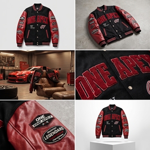 Chaqueta Varsity de Cuero para Hombre One Apex, Diseño con Parches Bordados Rojos y Negros, Estilo Urbano Universitario, Chaqueta Bomber - Product Image 6
