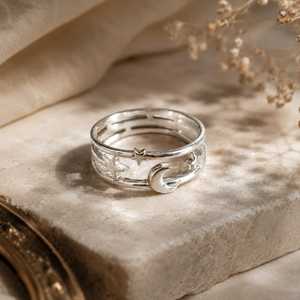 Bague Lune et Étoile en Argent Sterling, Bande Céleste en Argent, Bague Lune Minimaliste, Bijou Ajustable Tendance, Cadeau - Product Image 1