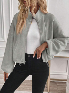 Stand Collar Women Sweatshirts Full Zip Solid Gray Cotton Fleece Oversized Drawcord Hem High Street Hoodies Custom Logo Bulk - Product Image 5