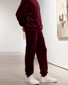 Survêtement à capuche en velours bordeaux pour homme, couleur unie, décontracté, pour l'hiver, avec poches latérales et cordon de serrage - Product Image 4