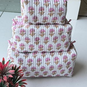 Custom Vintage Floral Printed Cotton Toiletry <b>Bag</b> Quilted Zipper Closure Pouch Set Three Stylish Cosmetic Travel Organization - Product Image 5