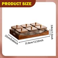 Ensemble de pots en verre borosilicate martelé à 6 compartiments avec base en bois d'acacia massif |   Pot de rangement pour bonbons et aliments avec couvercle à bouton en laiton