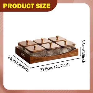 6-Grid Hammered Borosilicate Glass <b>Jar</b> Set with Solid Acacia Wood Base | Brass Knob Lid Nut Candy Food Storage Container - Product Image 2
