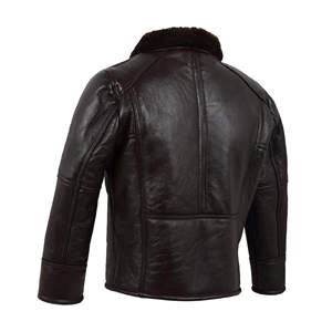 เสื้อแจ็คเก็ตหนังสีน้ำตาลเข้มสำหรับผู้ชาย พร้อมปกขนสัตว์ เสื้อโค้ทขนแกะสำหรับฤดูหนาว หนังแกะแท้ บุขนแกะอุ่นๆ สไตล์ไบค์เกอร์ - Product Image 4